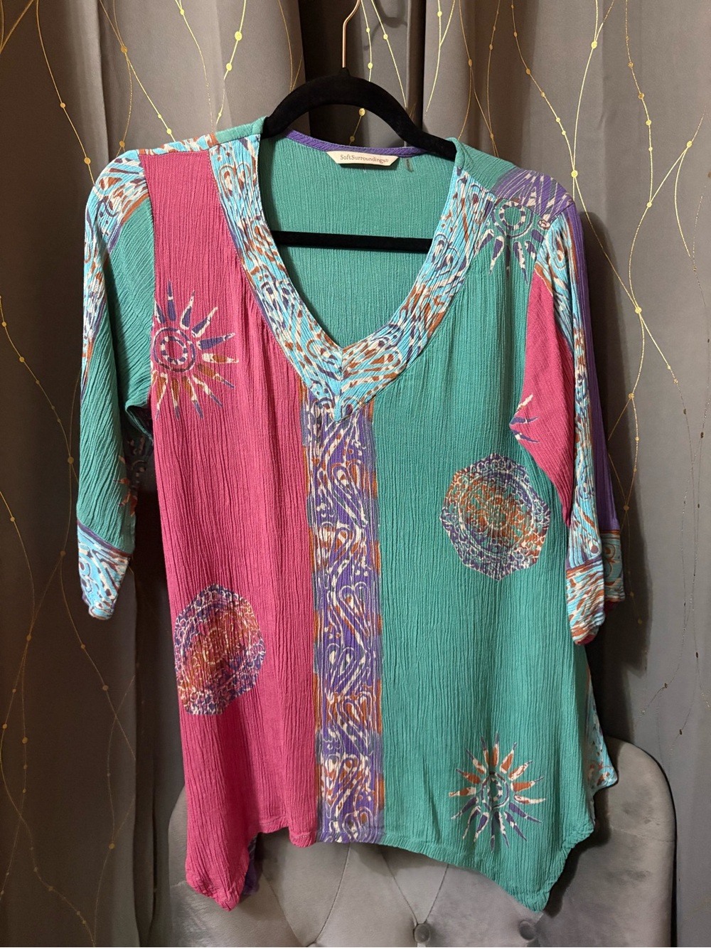 Soft Surroundings Boho Celestial Sun Blue and Pink Top petite small